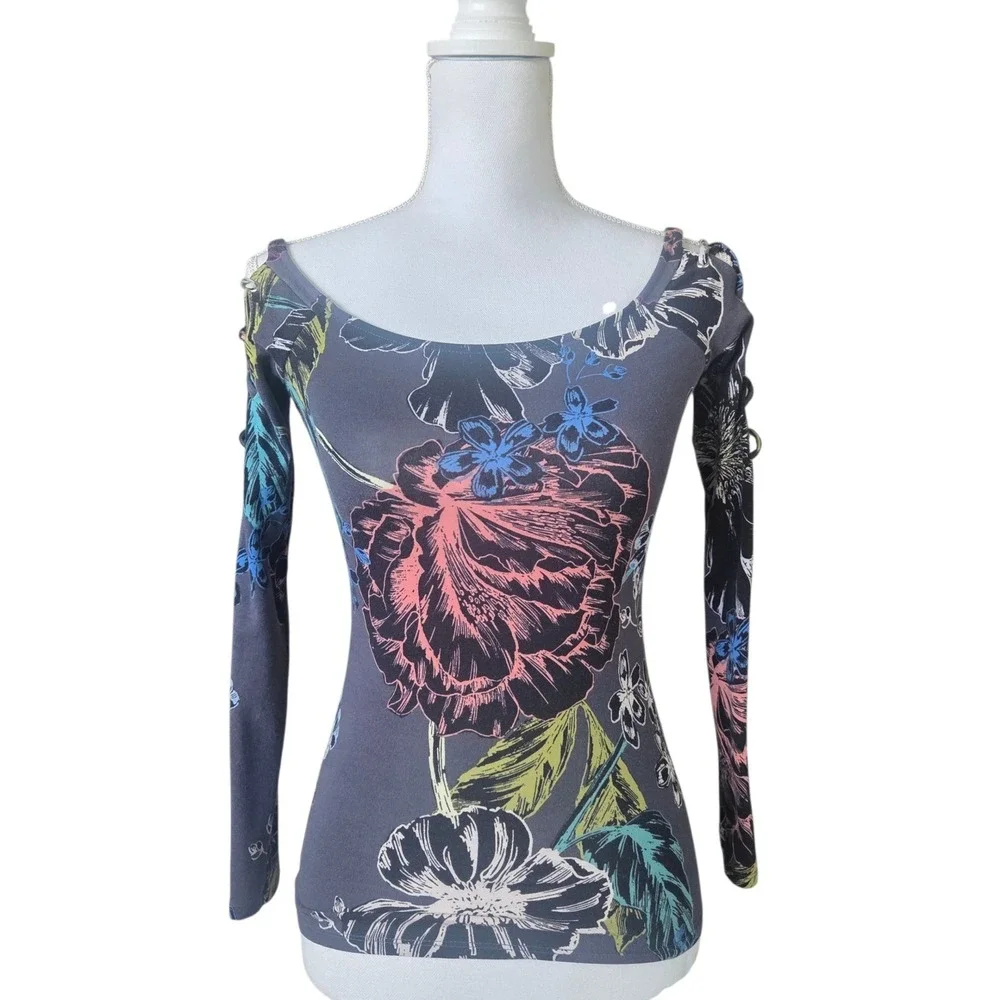 GUESS Y2K Dark Floral Lace Up Whimsigoth Long Sleeve Top Mystical Fairycore‎ - Picture 2 of 11